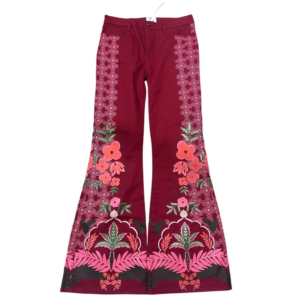 Johnny Was Jade Caleta The Straight Flare Jean Red Floral Feminine Boho, size 27 - Picture 2 of 11